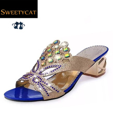 New 2015 fashion rhinestone cut-out women sandals Square heel slip-on slippers summer shoes woman high heel sandals L10