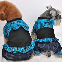 Cute plaid dog puppy denim Overalls jumpsuit jean pant clothes small Dog Pet cat jacket Jumpsuit romper coat dog bow dress skirt
