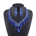 High End Rhinestone Bridal Wedding Jewelry Sets Royal Blue Fuchsia Color Women Party Necklace Earring Brides