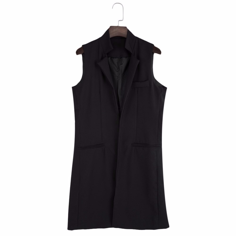 VESTLINDA Long Vest Back Split Outwear Waistcoats Women White Black Jacket Coat Sleeveless Cardigan Pocket Blazer Vest Femme Top 17