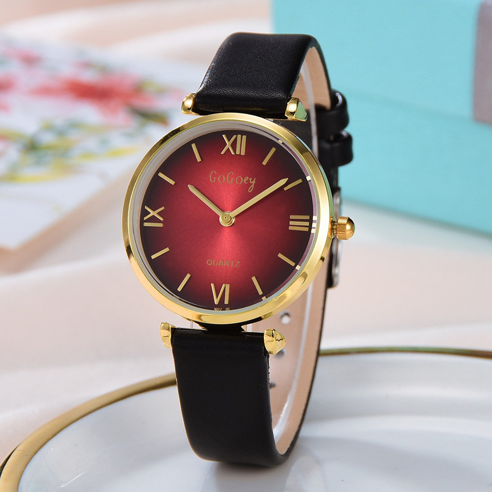 Sanwood Business Women Roman Number Round Dial Faux Leather Band Quartz