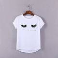NEW 2016 White 100 Cotton Short Sleeve T shirts Women Summer Tops Cute Eyelashes Pattern Studded