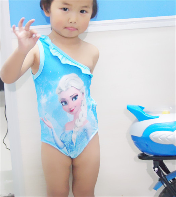 2015 hot sale girls cartoon swim dress bikini sky blue ice girl pretty swimsuit children swimwear baby swimming sling dress