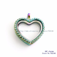 Wholesale Colorful heart Magnetic rhinestone Floating Glass Lockets Floating Copy Stainless Steel Lockets Pendants with Crystals