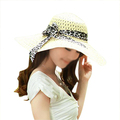 Sodial R Beige Summer Exquisite Leopard Ribbon Bowknot Decorated Openwork Sun Hat For Women