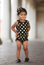 Black and Gold Dots Pom Pom Romper headband Jumpsuit,baby girl clothes,white and gold baby outfit,baby romper