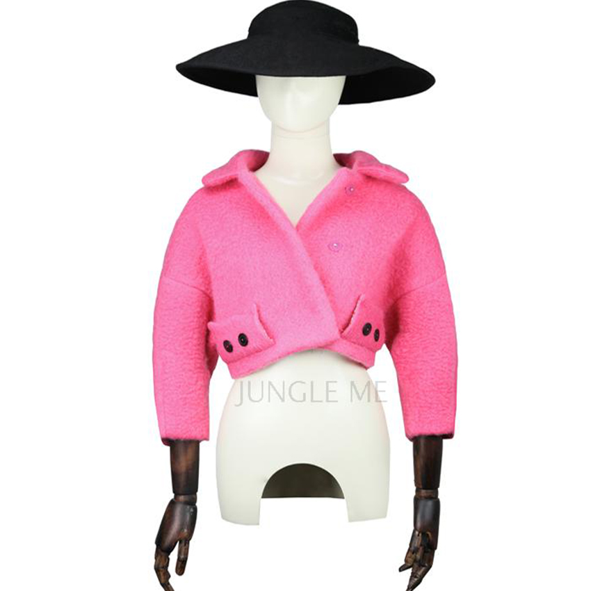 FREE SHIPPING 2016 New Vintage Loose Batwing Sleeve Peter Pan Collar Pink Woolen Short Jacket Women Original Design Clothes