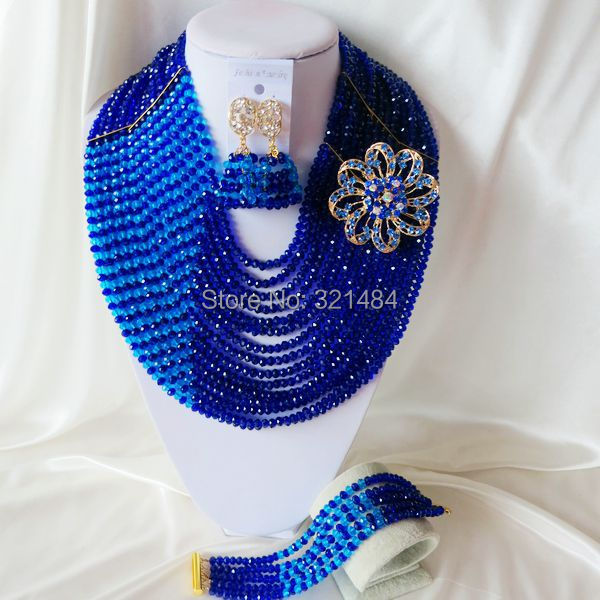 Fashion luxury Nigerian African Wedding Beads Jewelry Set 15 layers Royal blue Crystal Necklaces Bracelet Earrings CRB-1090