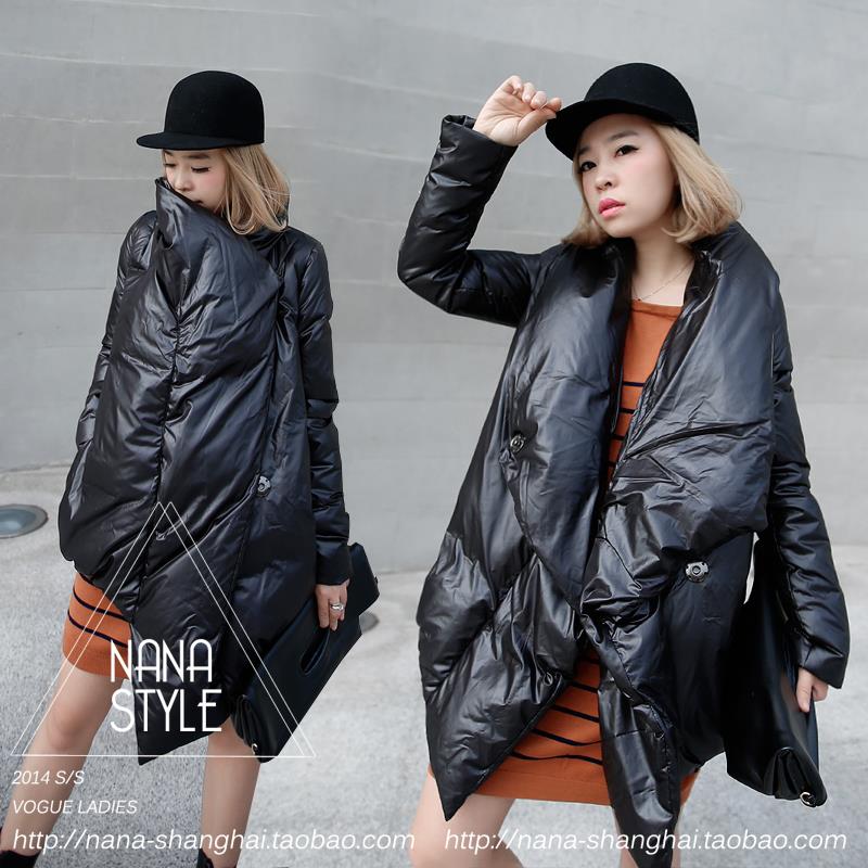 TTS Hong kong Asymmetric Bright Surface Fashion Women's Autumn Winter Long Loose Large Size Down Jacket Coat Black New Arrivals