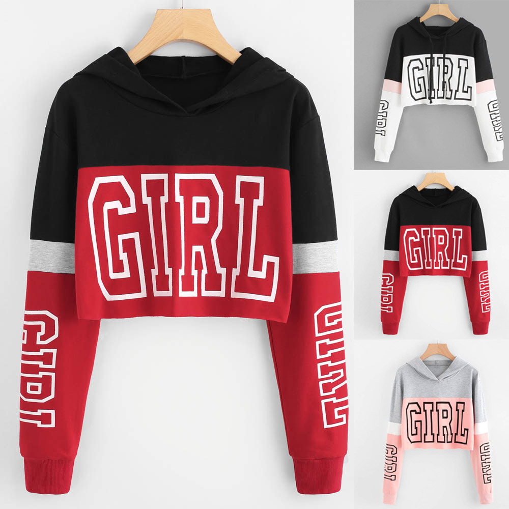 New Women Long Sleeve Crop Top Pullover Hooded Sweatshirt Cropped Hoodie LC