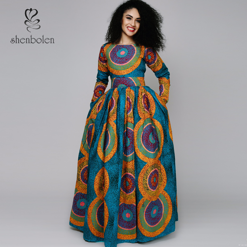 2016 spring new Africa Clothing elegant round collar Traditioncal print long dress women long sleeve cotton