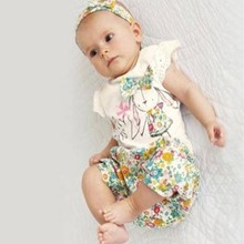 Baby Girls 3PCS Set Floral Bowknot T Shirts Short Pants Headband Outfits