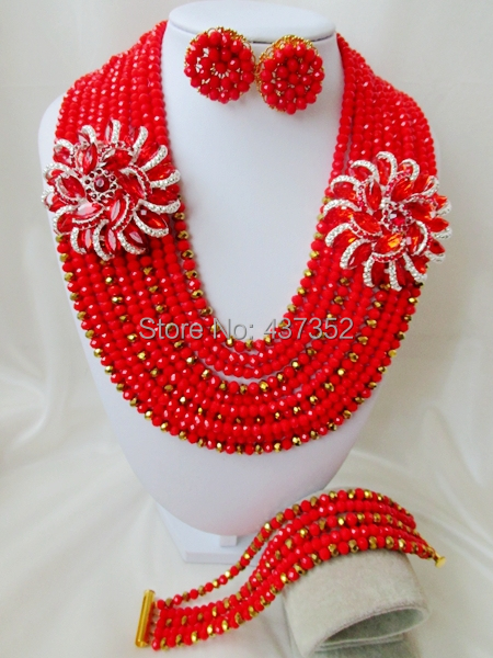 Glamorous Red mixed Gold plated copper Crystal Nigerian Necklaces Stud Earring African Wedding Beads Jewelry Set NC123
