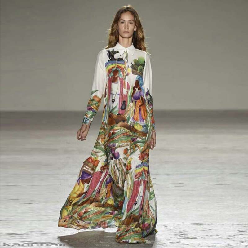 2015 new spring fashion runway  dress catwalk elegance printing Polo large swing long dress for women