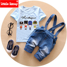 2016 New Baby Boy Summer Clothes Korean Style Toddler Boys Clothing Set Cartoon Suspender Jeans Denim Pants Suits For Boys T547
