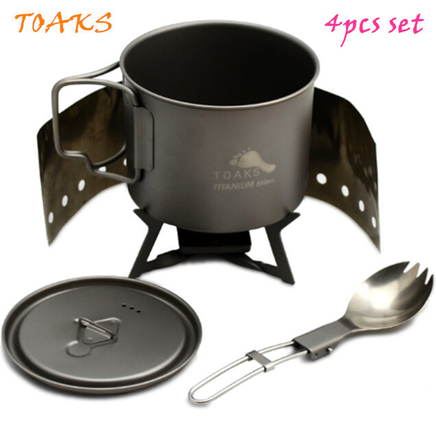 TOAKS titanium cookware 4pcs set for outdoor ultralight pot titanium folding spoon Titanium alcohol stove windscreen 125g