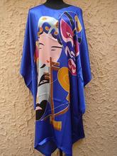 Free Shipping Blue Painting Ladies’ Silk Robe Bath Gown Nightgown Yukata Flower One Size S4029