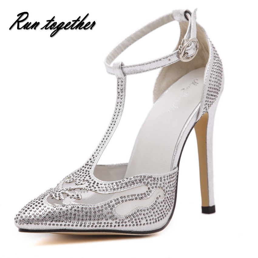 New fashion rhinestone mesh women pumps pointed toe high heels shoes woman ladies wedding party sandals shoe Ankle Strap