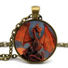 Antique Bronze Glass Cabochon Pendant Chain Big Dragon with Wings Chock Necklace Art Picture Women Fashion