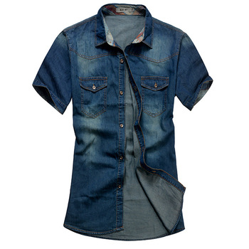 Мужские джинсы рубашка хлопок коротким рукавом джинсовые рубашки мужской однобортный лоскутное ковбой Camisas сорочка Homme