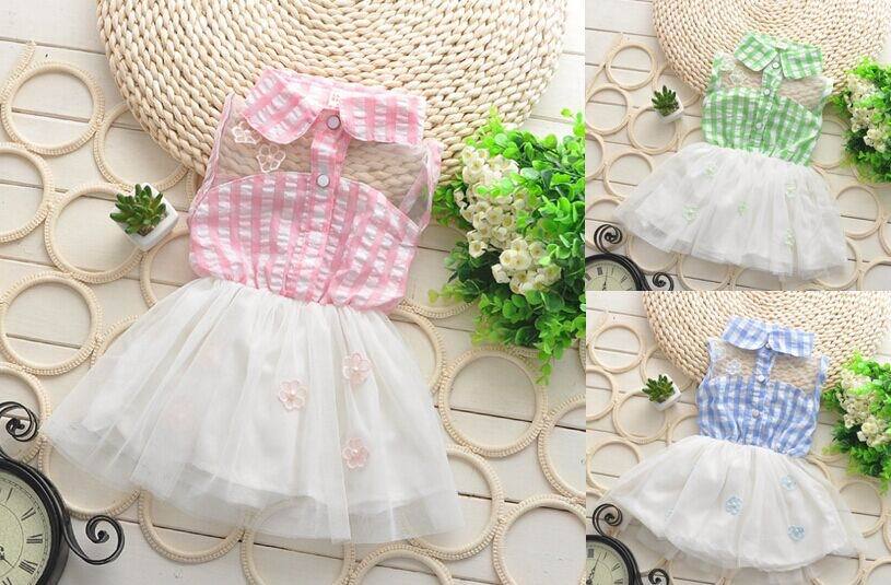 2015 Summer Girl Dresses Pearl Embroidered Gauze Plaid Princess Little Girl Dress 2-5T 1457