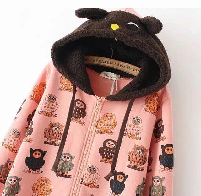 2015 autumn Korean stylish women\'s Owls printing zipper hooded long-sleeved sweatershirts girls new fashionable coat branded free shipping (3)