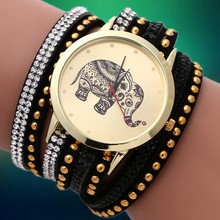 New 2015 Fashion Quartz Wristwatches DIY Korea Cashmere Women Rhinestone Watch Elephant Pattern Gold Plated Bracelets