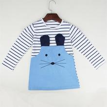 The New 2016 Spring Girls’ Long Sleeve Mouse Stripe Dress Baby Cowboy Splicing Dress Girls’ Summer Clothing