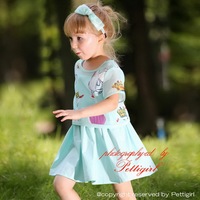 100% Cotton Cute Girls 2pcs Clothing Set Including Swan Printed Top With Blue Dress Retail Children Summer Clothes