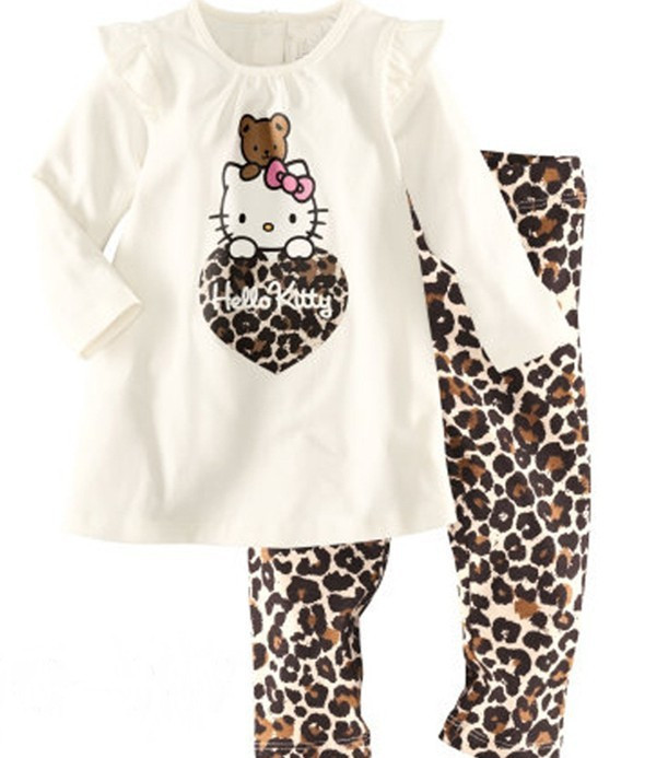 100 cotton Hello Kitty baby pajamas 2 piece set long sleeved top gray pants leopard pants
