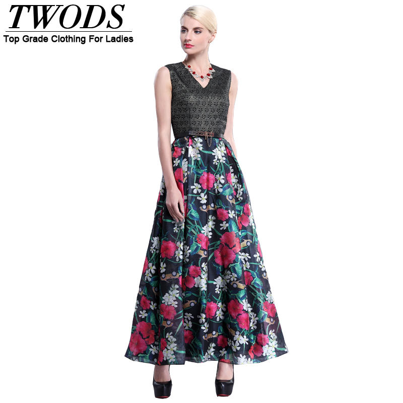 Twods Summer Dress 2015 Lurex Dobby Women Floral Print Box Pleated Slim Fit Flare Maxi Dresses Long Vestidos V-neck