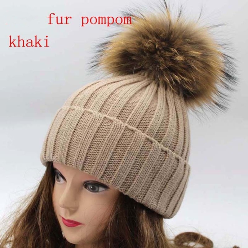Real RACOON FUR POM POM Chapeaux D'hiver Laine Tricot Hiver Pompon Chapeau Bonnet Beanie 