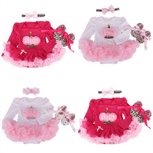 Newborn Baby girl clothes Cotton Fashion Christmas Dresses long-sleeved Birthday cake Romper Tutu dress+shoes+headband 3pcs/sets
