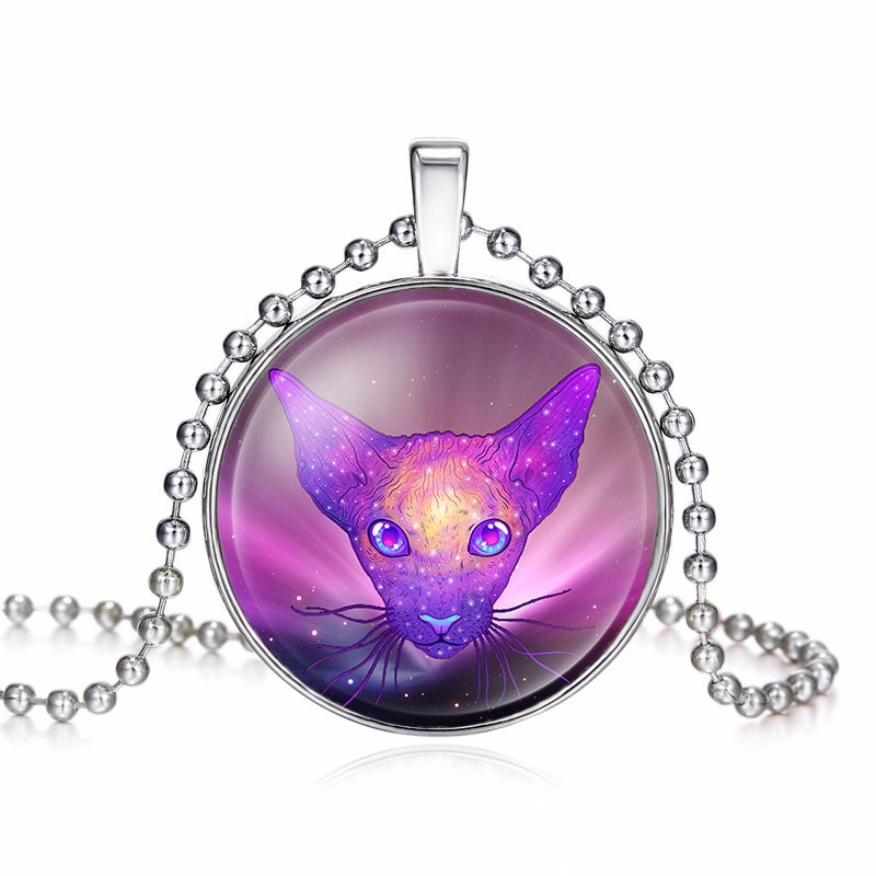 Hot Sale Colorful Cat Head Glass Pendant Necklace For Women Silver Plated Wholesale Drop Shipping Cat Necklace Jewelry 620148