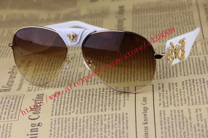 Фотография Retro style Unisex Sunglasses 2150  Elegant gentleman Gold Frame  White Legs Elegant Round frame Removable leather buckle