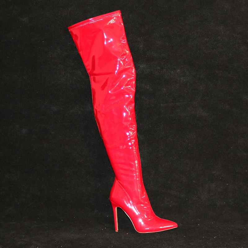 red stretch thigh high boots