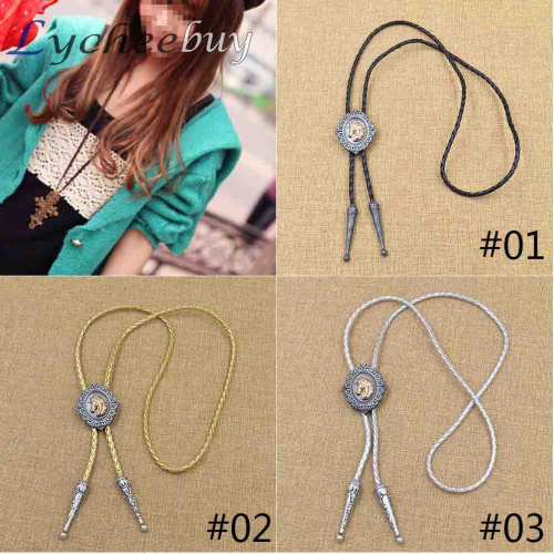 Trendy Gold Horse Head Leather Dance Rodeo Western Cowboy Bola Bolo Tie Necklace