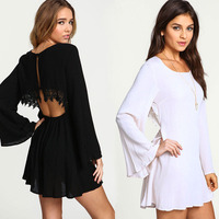 New 2015 fashion summer style lace back full-sleeved patchwork flare sleeve slim chiffon dress hollow out women dress vestido