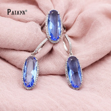 PATAYA 925 sterling silver sapphire jewelry sets summer style Light blue Long earrings Women Accessories Wedding jewelry sets