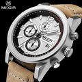 MEGIR Men Water Resistant Multifunction Casual Watch Chronograph Engraved Dial Genuine Leather Auto Date Watch Relogio