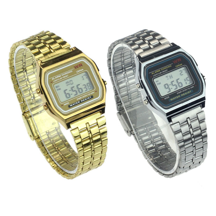 Alipower Vintage Womens Men Stainless Steel Digital Alarm Stopwatch Wrist Watch Freeshipping