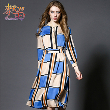 Women Plaid Dress 2016 Summer Three Quarter Sleeve Blue Beige Stand Collar Tunic Elegant Chiffon Dress Big Size tartan clothing