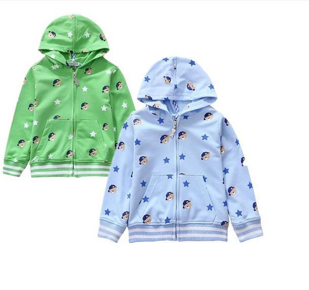 Hot baby boy jacket green long sleeve hooded full printed bear stars zipper jacket kids boys jacket children jackets 5pcs/lot