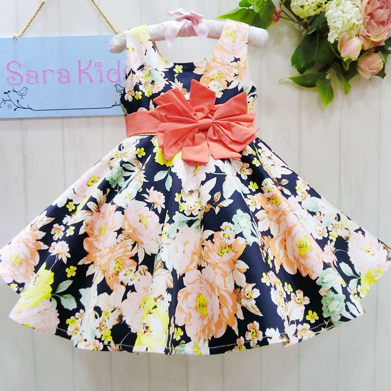 Wholesale sleeveless floral print ball gown baby girls dress  big flower in belt design party dress evening dress  0829