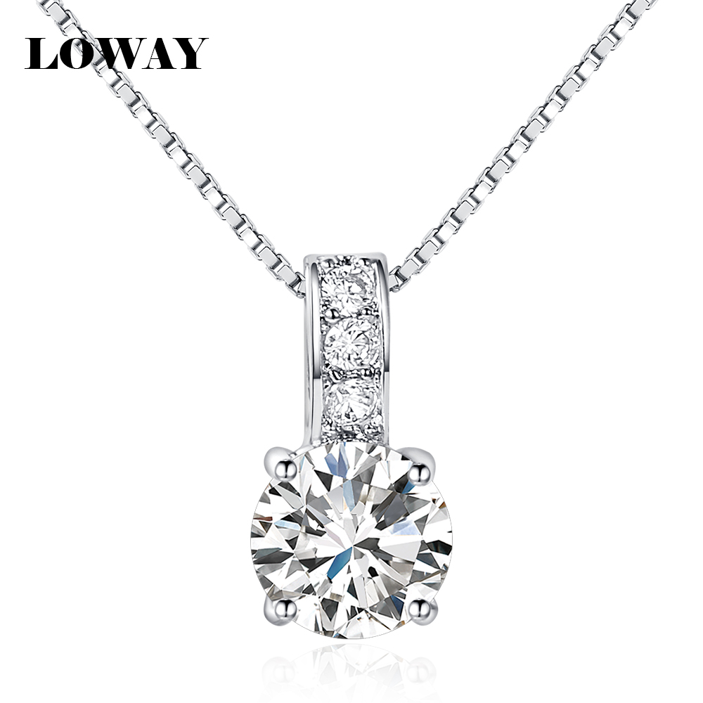LOWAY Simple Fashion Jewelry Platinum Plated Round Shape 2 Carat Cubic Zirconia Pendant Necklace for Women