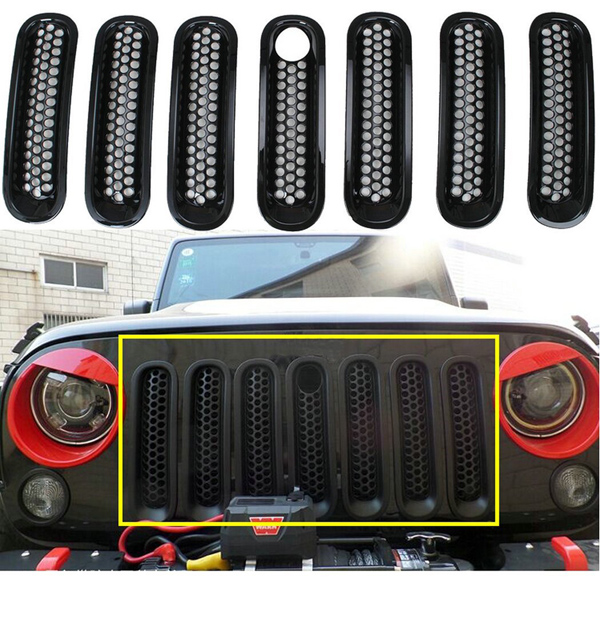 7PCS Black ABS Mesh Front Insert Grille Trim Cover With Lock Hole For Jeep Wrangler JK 2007-2015