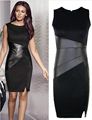 2016 Sexy Women Summer Dress Sheath Bodycon Cotton PU Patchwork Dresses High Waist Sleeveless Club Party