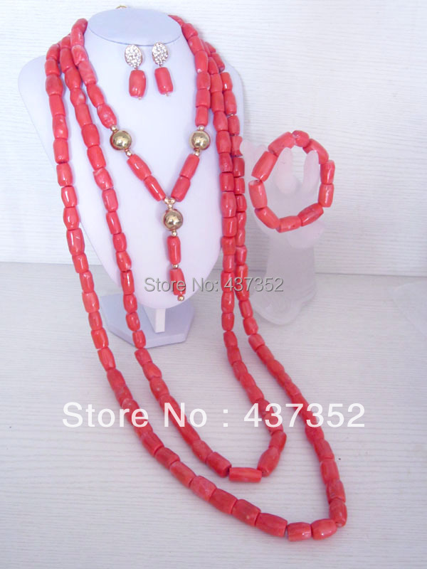 New Design Fashion Nigerian Wedding African Pink Coral Beads Jewelry Set Necklace Bracelet Clip Earrings CWS-166