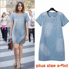 Plus-Size-4XL-5XL-Summer-Ladies-Dress-Casual-2015-Women-Loose-Dress-Short-Sleeve-Beaded-Denim