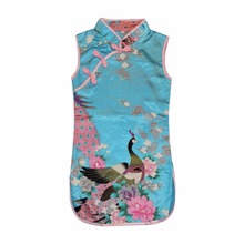 2-8Years Lovely Girls Kids Dress Peacock Cheongsam Chinese Qipao Baby Clothes
